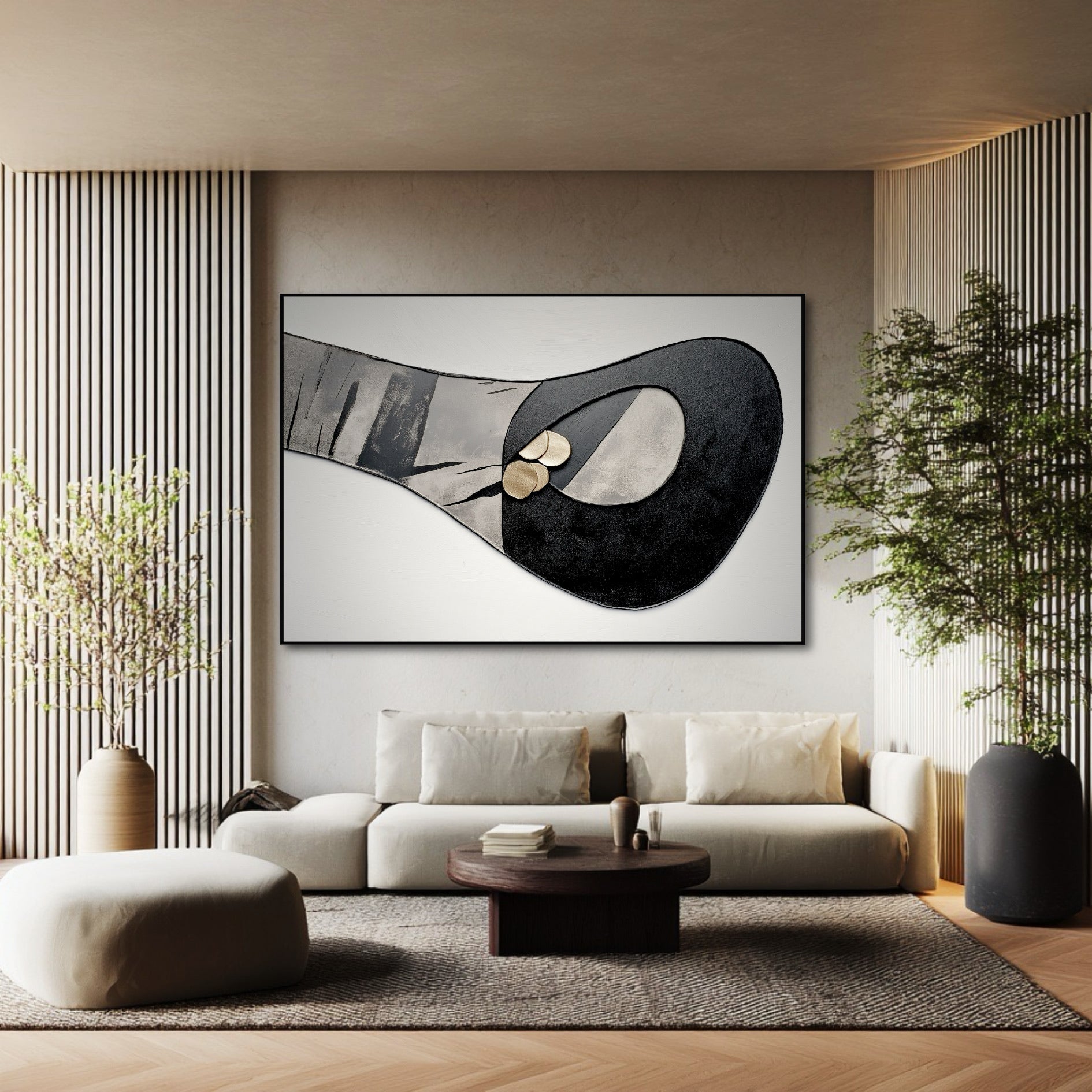 Large abstract biomorphic art on a wall with wood slat accents above a low-profile sofa in a Japandi-style room.