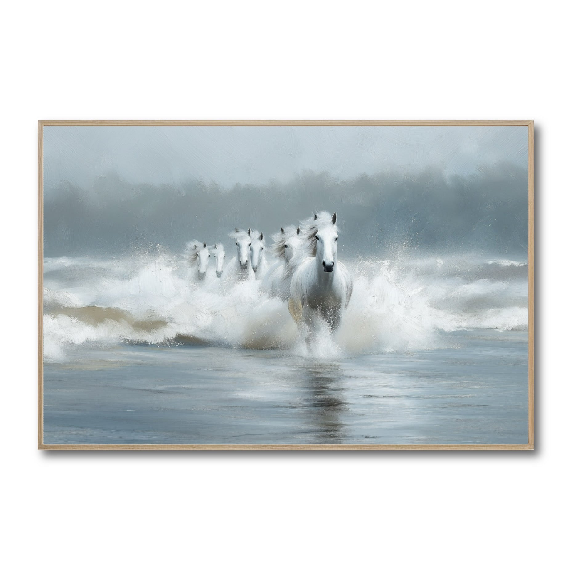 Original painting of white horses running through ocean waves. Cool, neutral tones of gray and blue create a powerful, majestic vibe.
