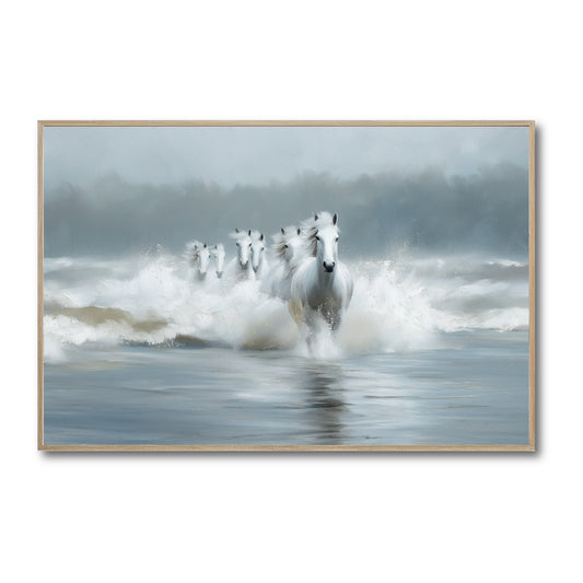 Original painting of white horses running through ocean waves. Cool, neutral tones of gray and blue create a powerful, majestic vibe.