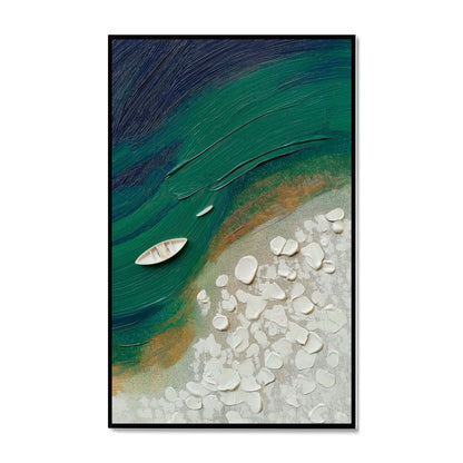 Original hand-painted vertical thick texture aerial boat painting. Deep green, blue, and white impasto coastal art, modern decor size.