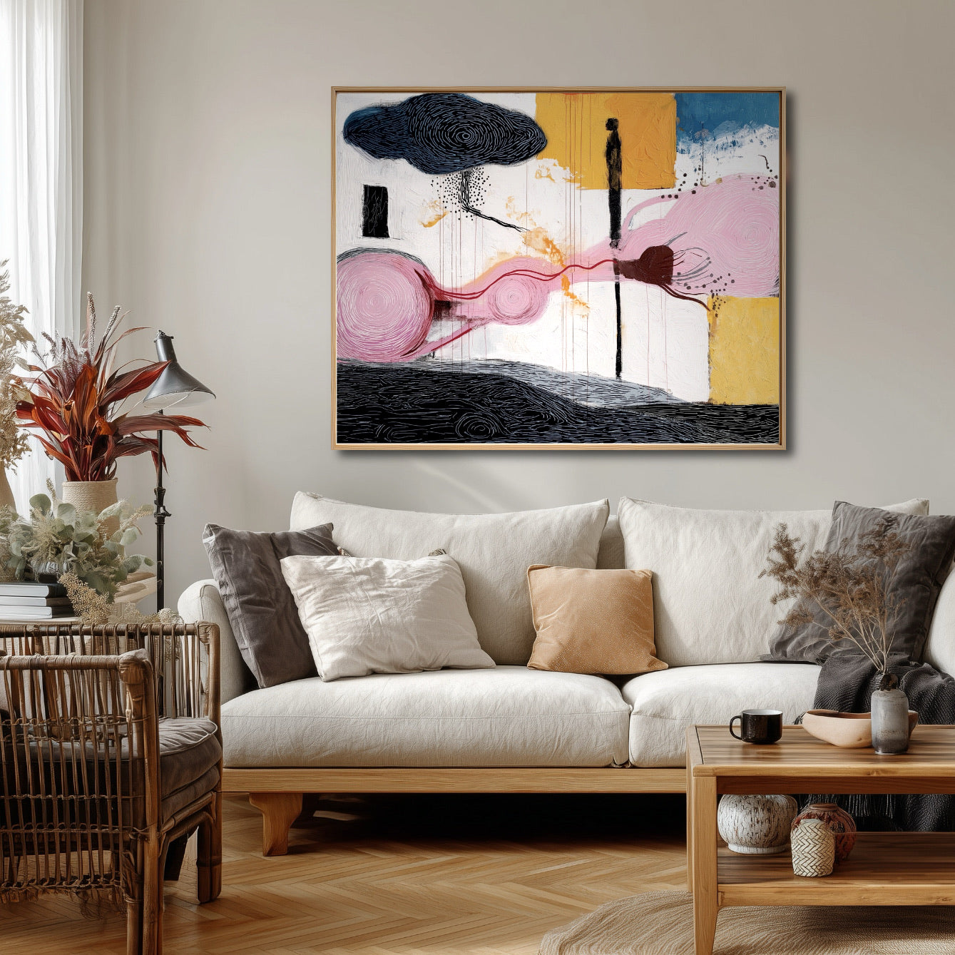 Living room with a modern abstract painting on the wall above a sofa.