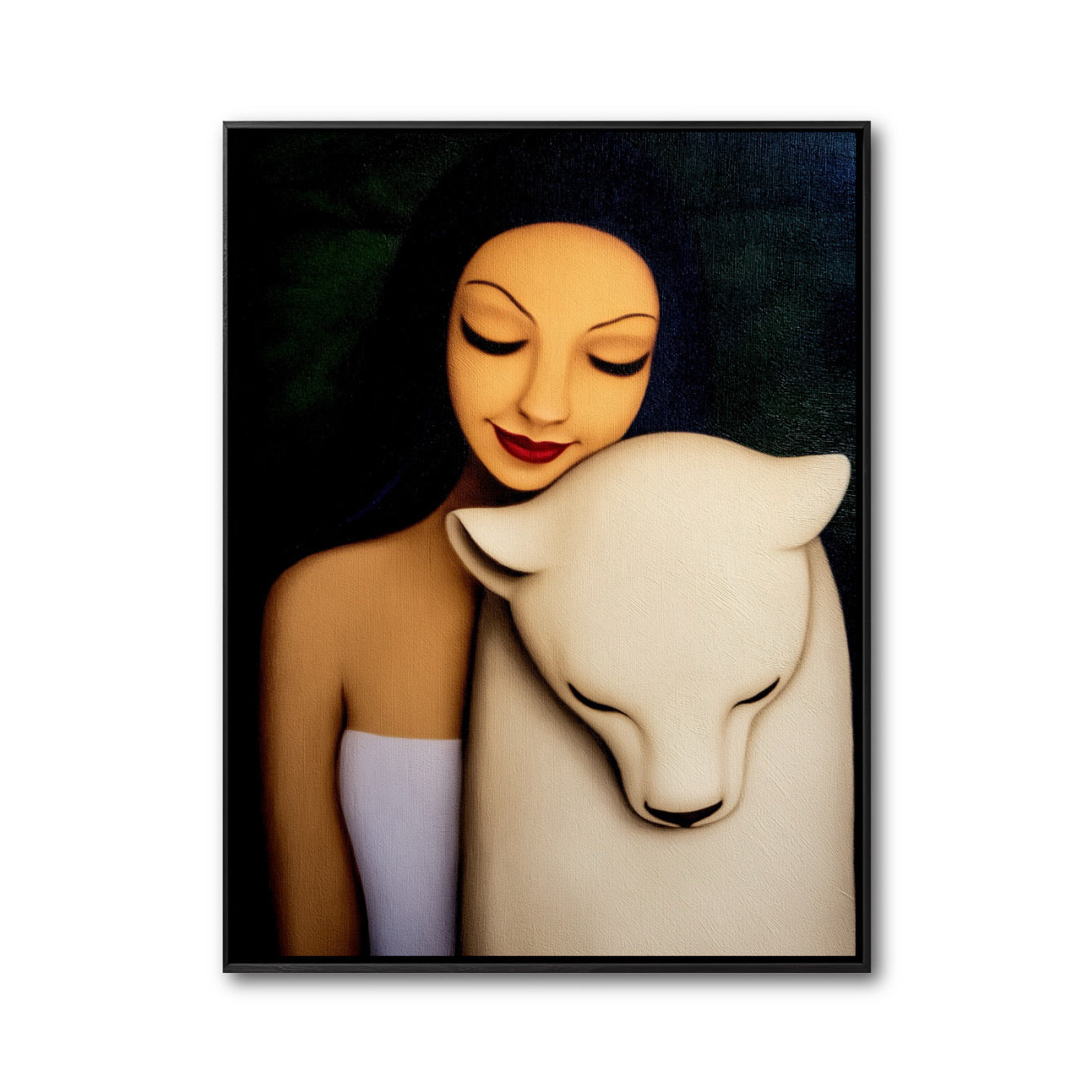 Original oil painting: Woman embracing white panther. Warm figurative art. Emotional, minimalist, contemporary portraiture, deep green contrast.