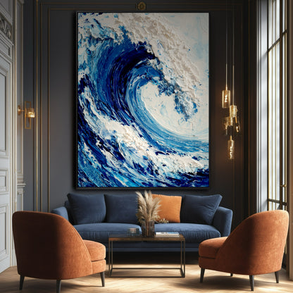 The vibrant blue wave painting creates a dramatic focal point, its cool tones contrasting with the warm orange chairs in a luxe, dark room.