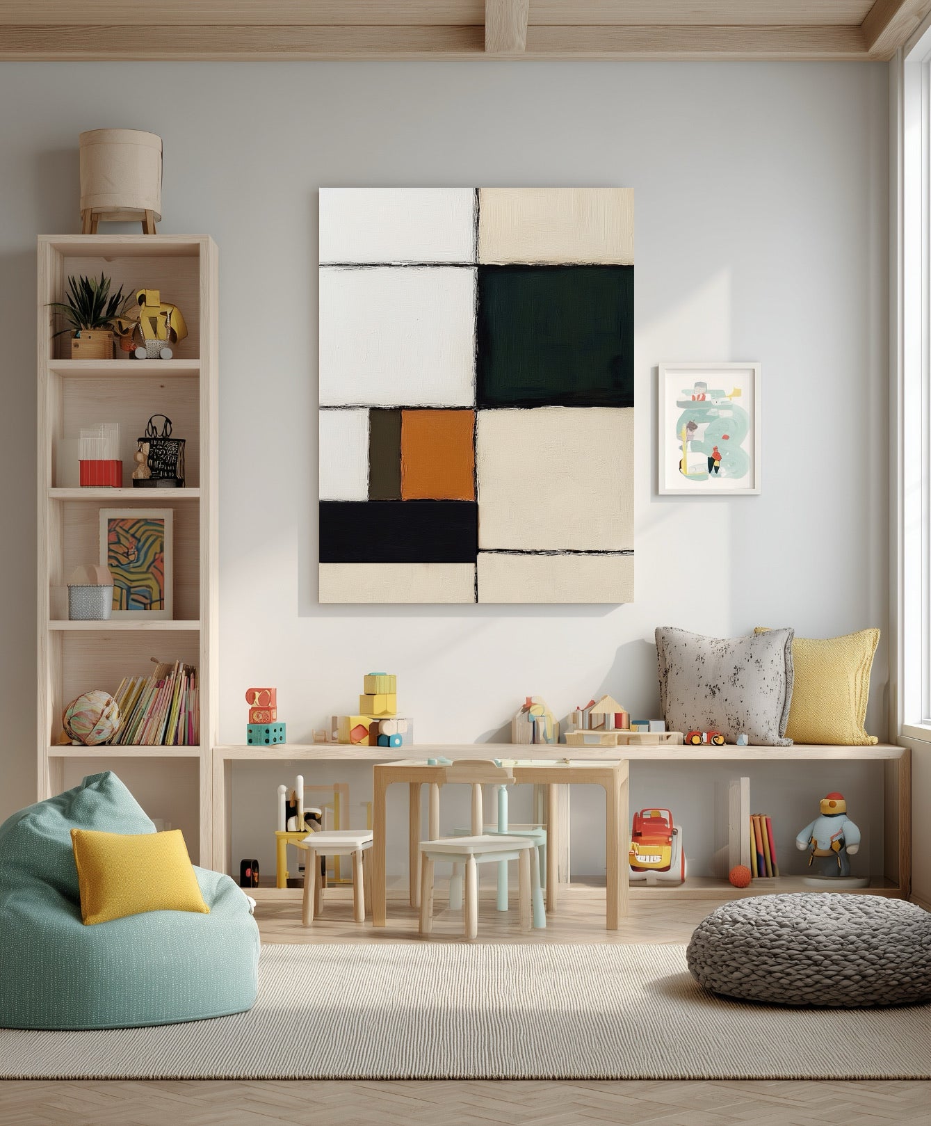 Modern abstract art above a children's play table, adding bold color and geometry to the light wood kids room.
