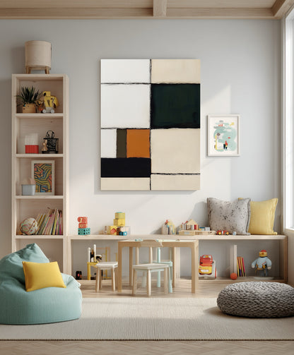 Modern abstract art above a children's play table, adding bold color and geometry to the light wood kids room.