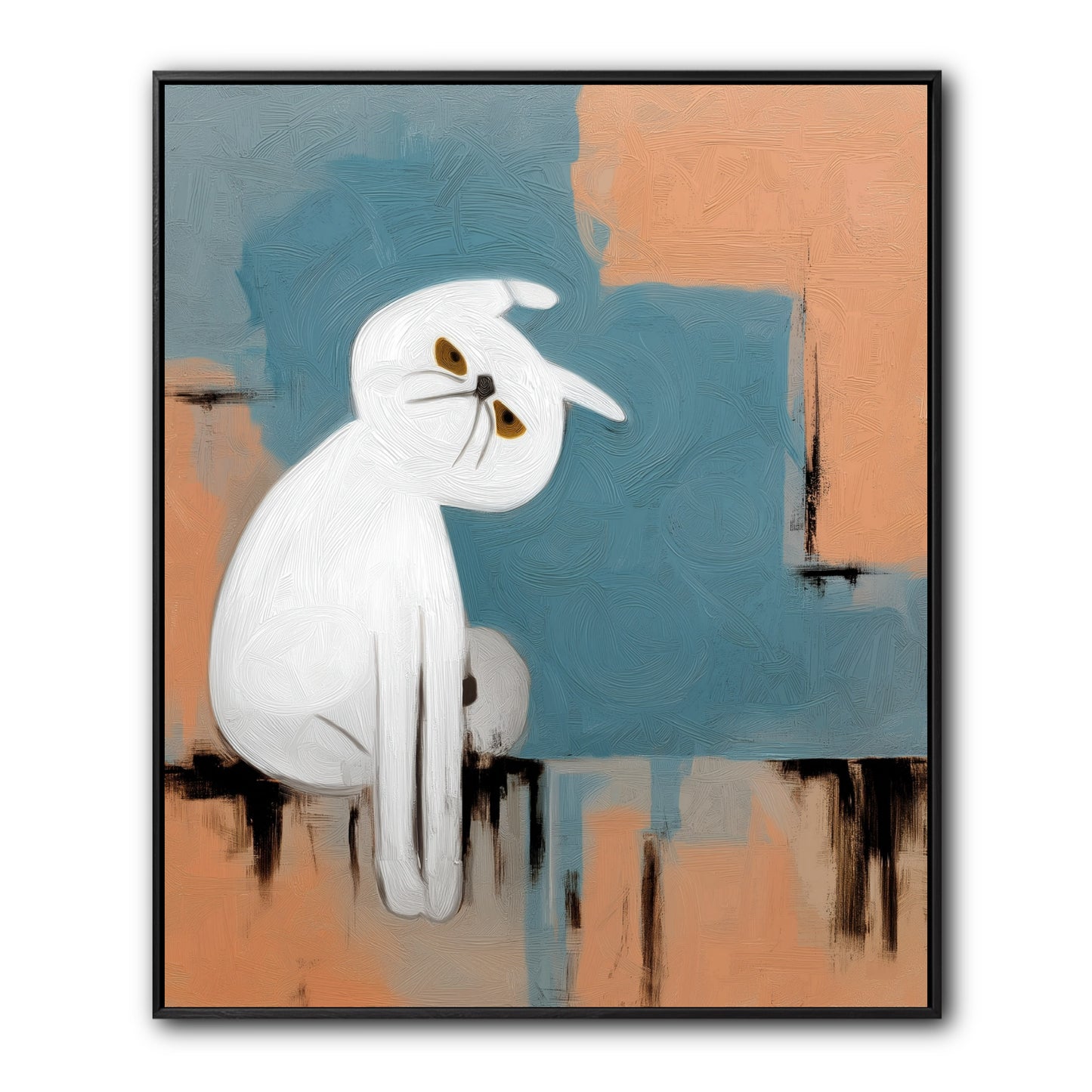 Original hand-painted cat oil painting. Abstract modern art with cool blue & warm orange tones.