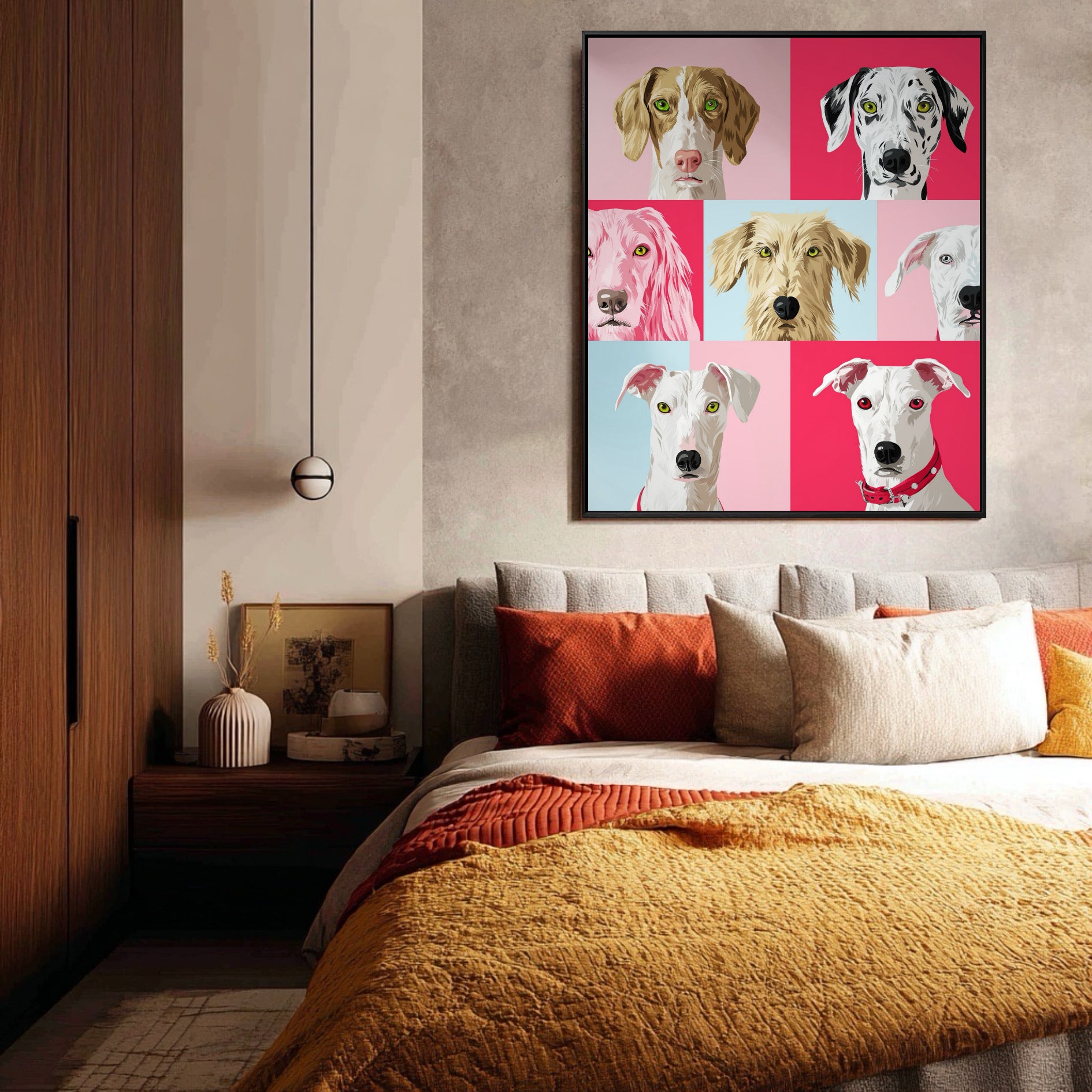 Colorful dog pop art hangs above a cozy bed with earthy orange and yellow tones. Warm, hygge-style bedroom with dark wood accents.