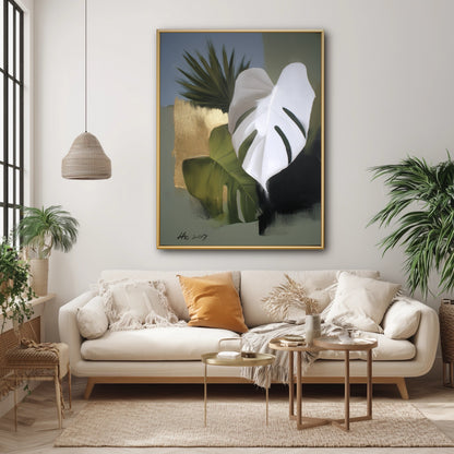 Textured Monstera wall art in a bright boho living space. Organic green and gold tones harmonize with the rattan lamp and plants.