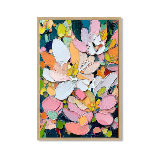 Original impasto floral painting. Textured pink, orange, white, and deep teal abstract flowers. Modern palette knife art. Warm/cool contrast.