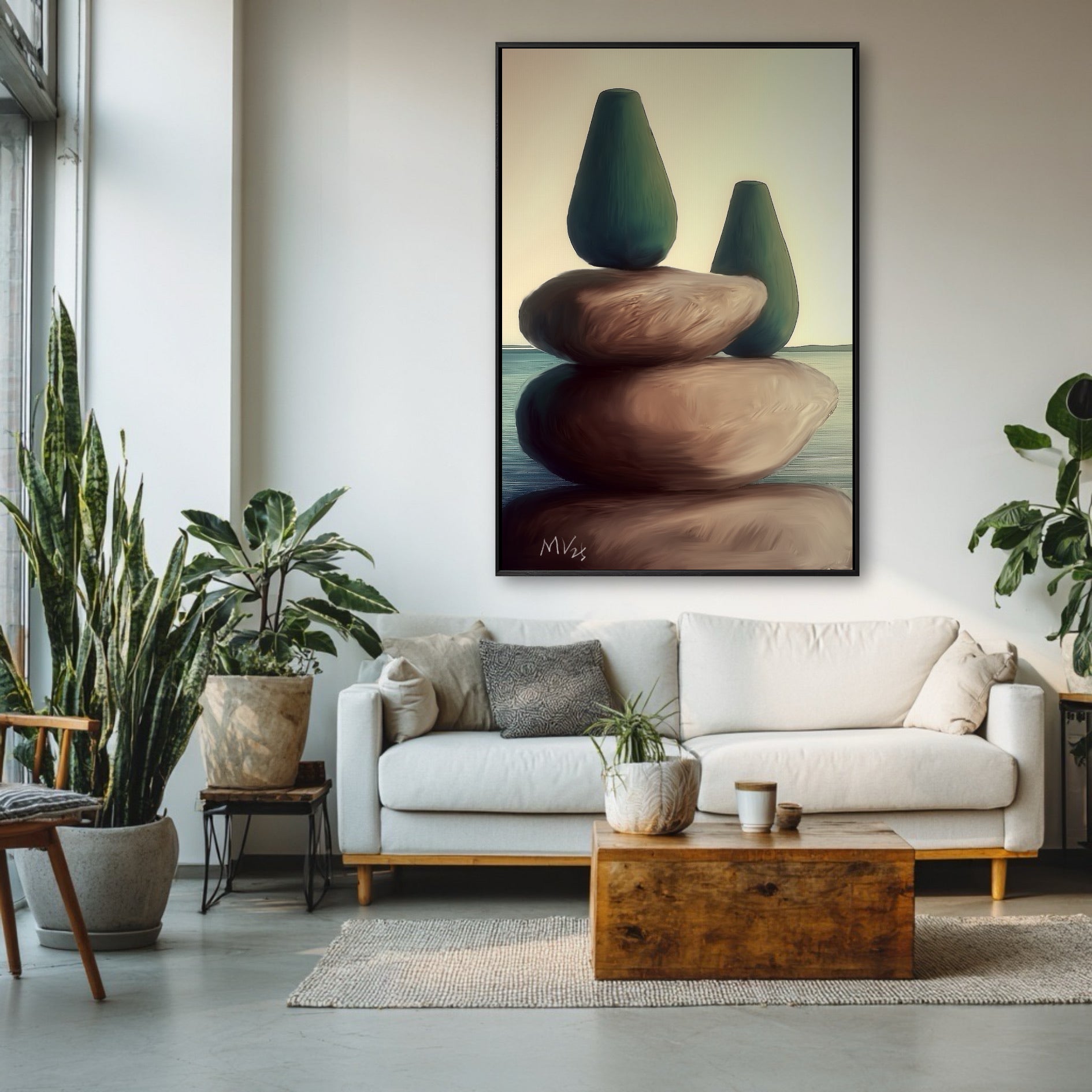 Large vertical artwork centered above a white sectional couch, perfectly balancing the height of nearby potted floor plants.