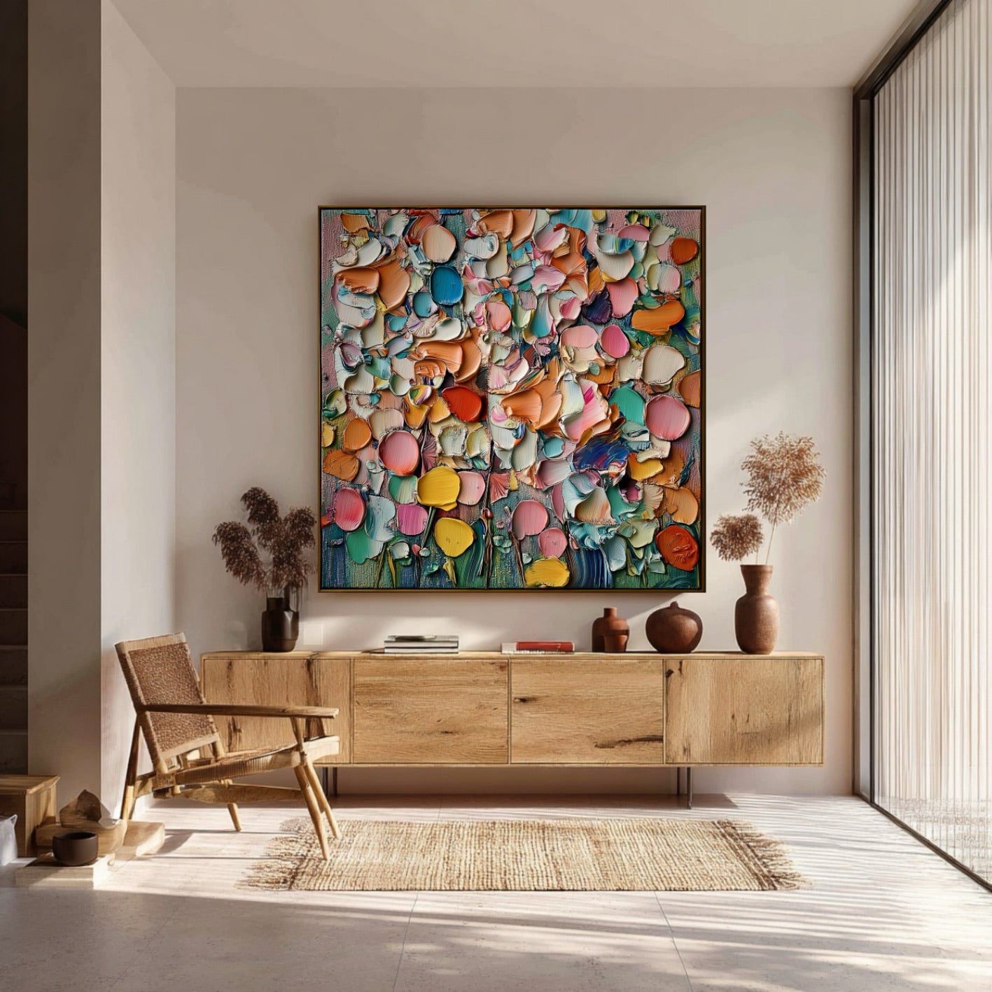 Textured pop art complements the organic material and wood grain of the console and woven chair, maximizing the natural light.