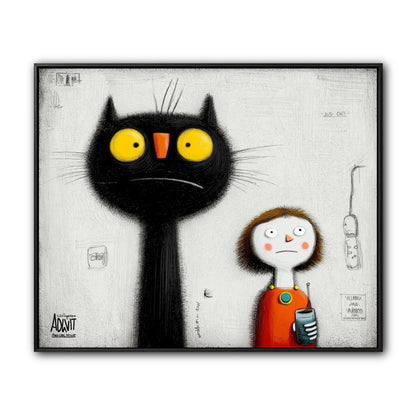 Original quirky painting of a black cat and girl. Neutral tones with warm yellow and red accents. Whimsical, illustrative vibe.