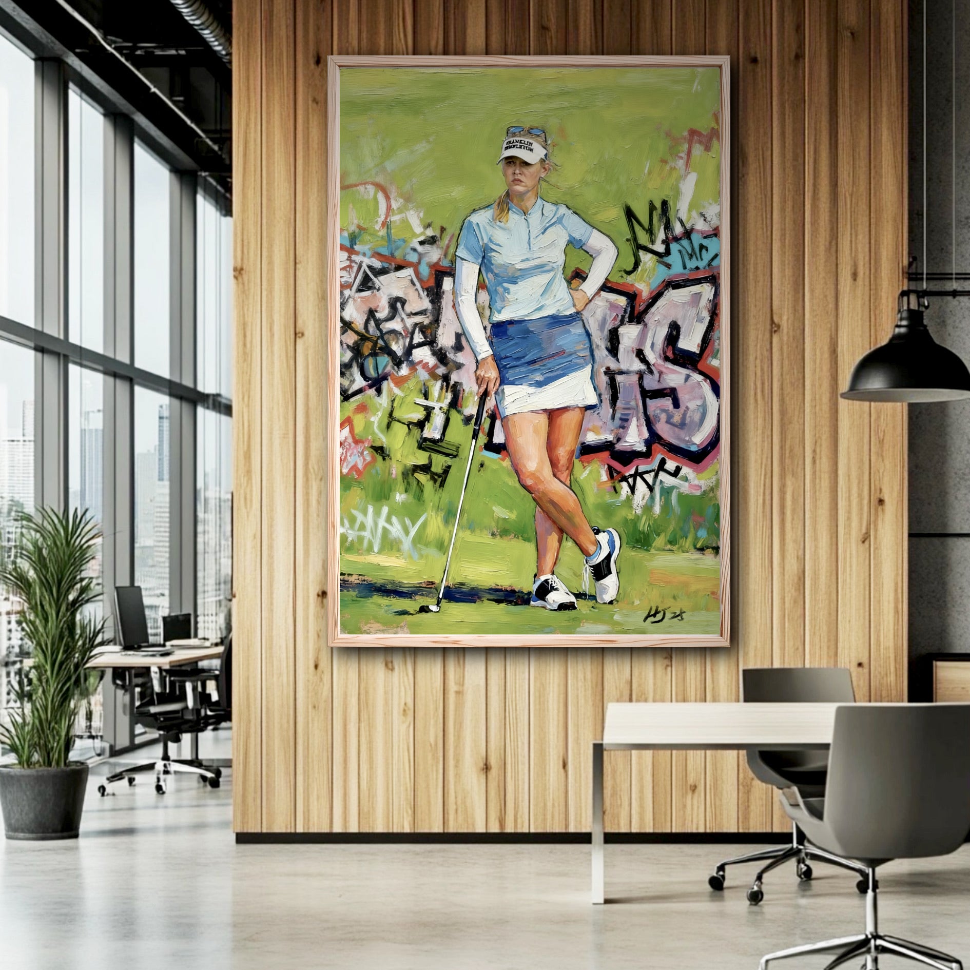 Hand-painted female golfer art in a modern corporate office. Vibrant graffiti style energizes the wood-paneled workspace.