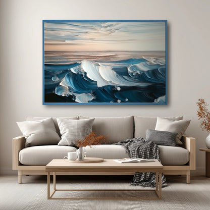 A blue impasto wave painting hangs above a beige sofa in a cozy, Scandinavian-style living room.