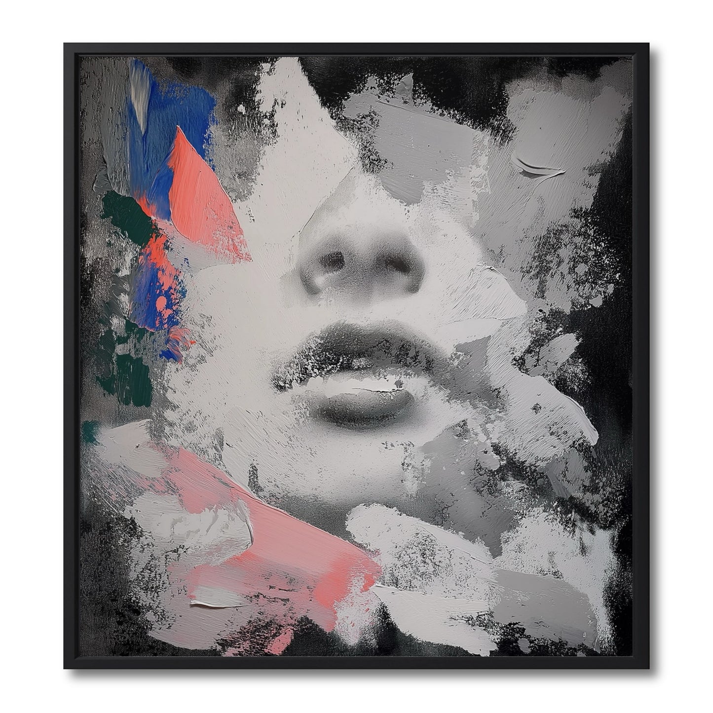 Original framed abstract art of a face. Realistic grayscale portrait with textured pink and blue paint strokes.