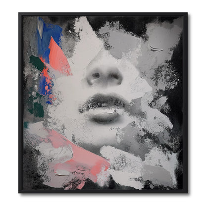 Original framed abstract art of a face. Realistic grayscale portrait with textured pink and blue paint strokes.