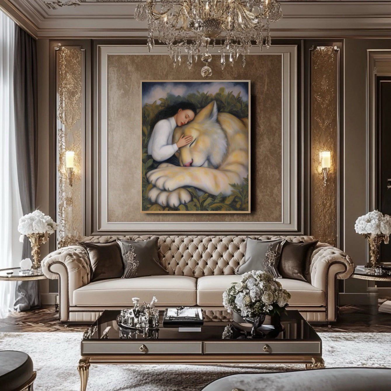 Warm fantasy painting is an opulent focal point over a tufted velvet sofa, beautifully contrasting the gold-accented luxury decor.