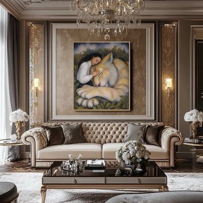 Warm fantasy painting is an opulent focal point over a tufted velvet sofa, beautifully contrasting the gold-accented luxury decor.