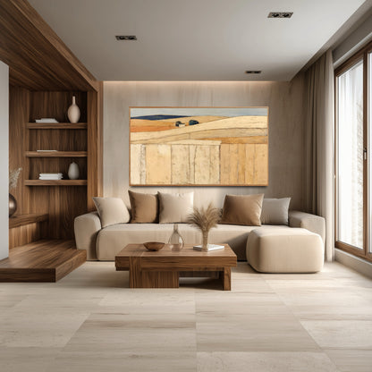 Textured abstract painting contrasts the cool gray wall and bright white bedding, adding depth above the minimalist wooden bedside table.