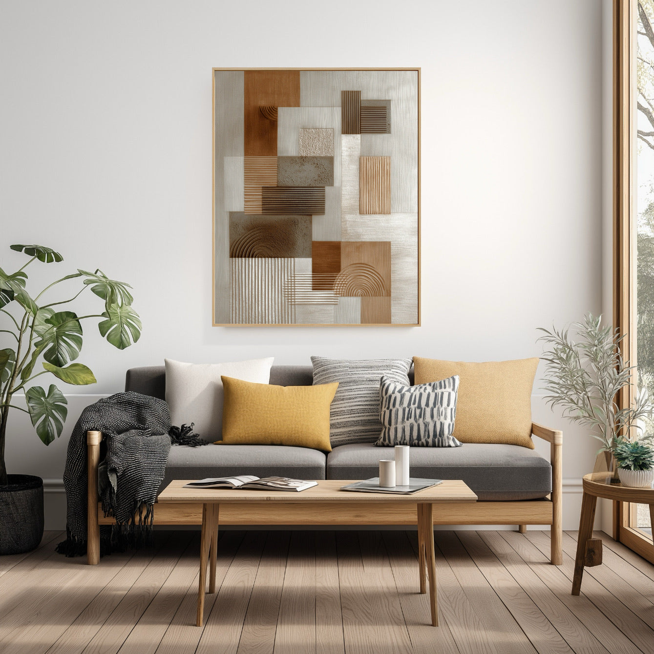 Original art over a grey sofa, grounding a modern room with warm yellow accents and natural light.