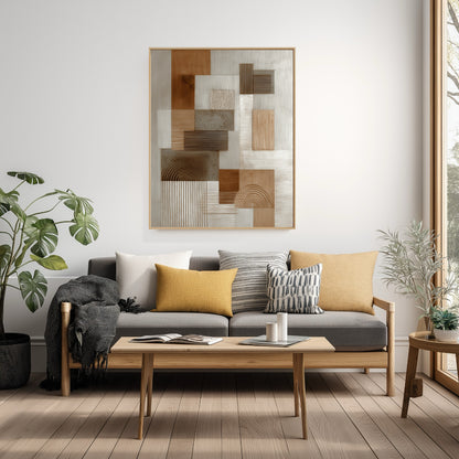 Original art over a grey sofa, grounding a modern room with warm yellow accents and natural light.