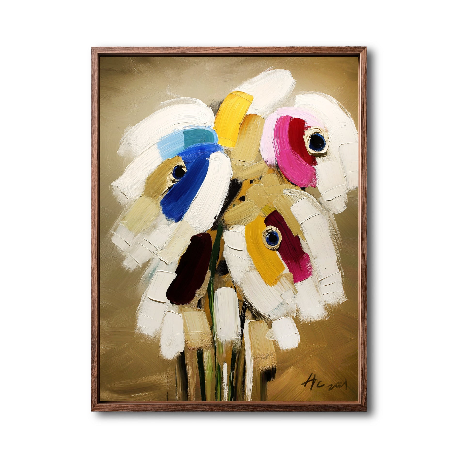 Original abstract floral painting, thick texture. Warm golden background with white blooms and blue, pink, yellow accents.