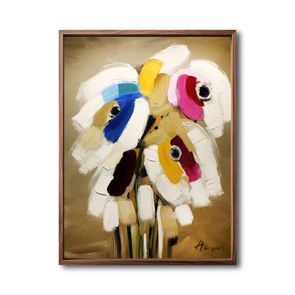 Original abstract floral painting, thick texture. Warm golden background with white blooms and blue, pink, yellow accents.