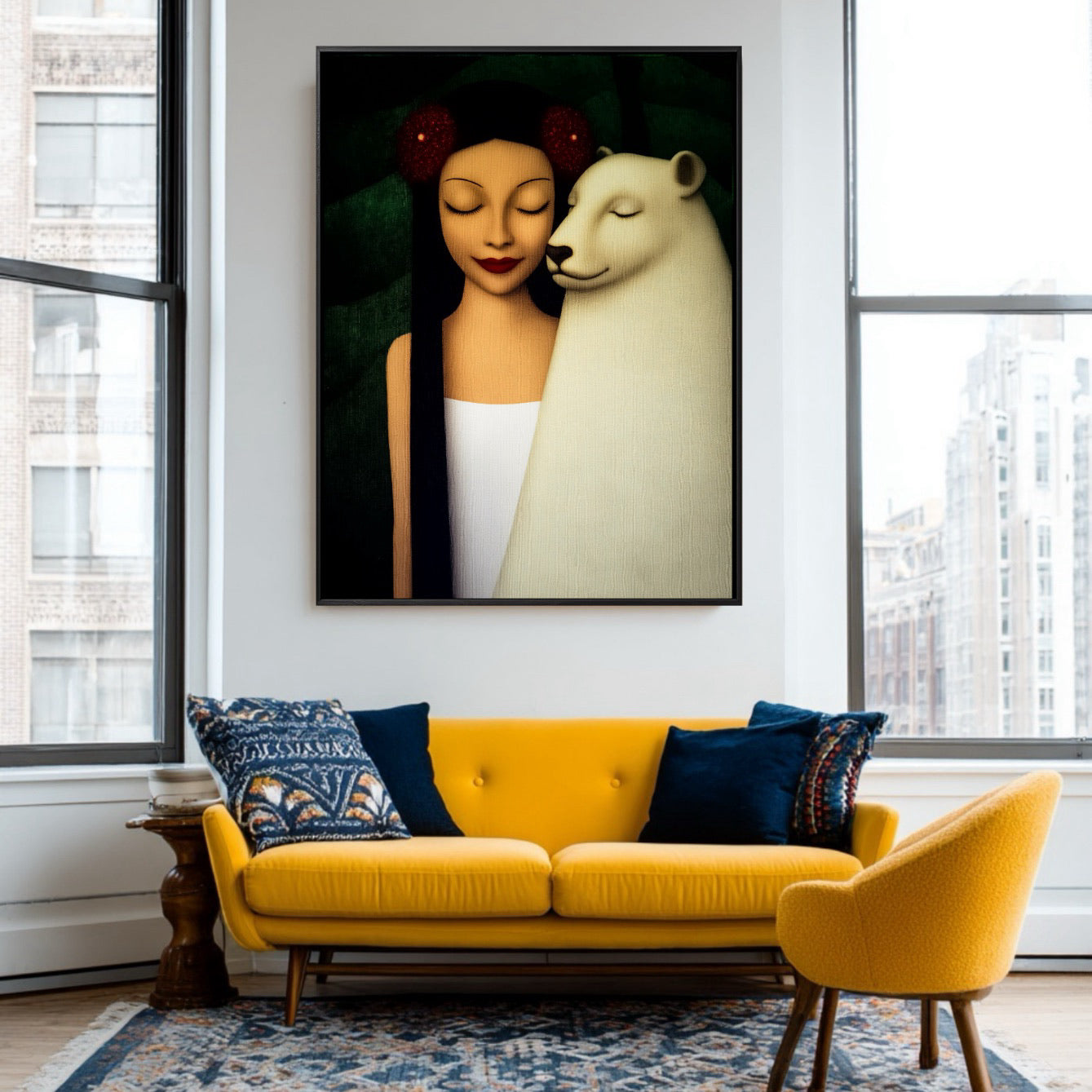 Original oil painting in a vibrant, high-contrast living room. Mustard yellow sofa, large city windows, and a modern mid-century aesthetic.