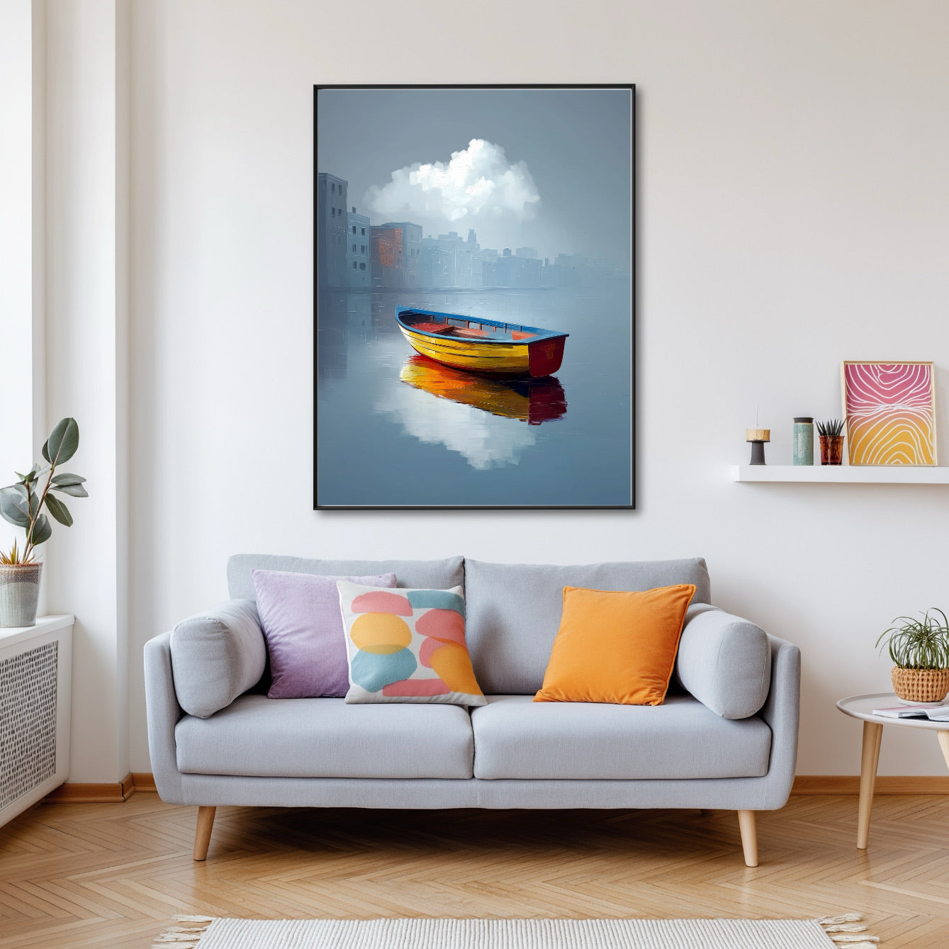 Statement boat painting hangs over a gray sofa, complemented by colorful pillows in a bright, contemporary living room.