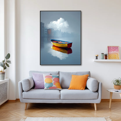 Statement boat painting hangs over a gray sofa, complemented by colorful pillows in a bright, contemporary living room.