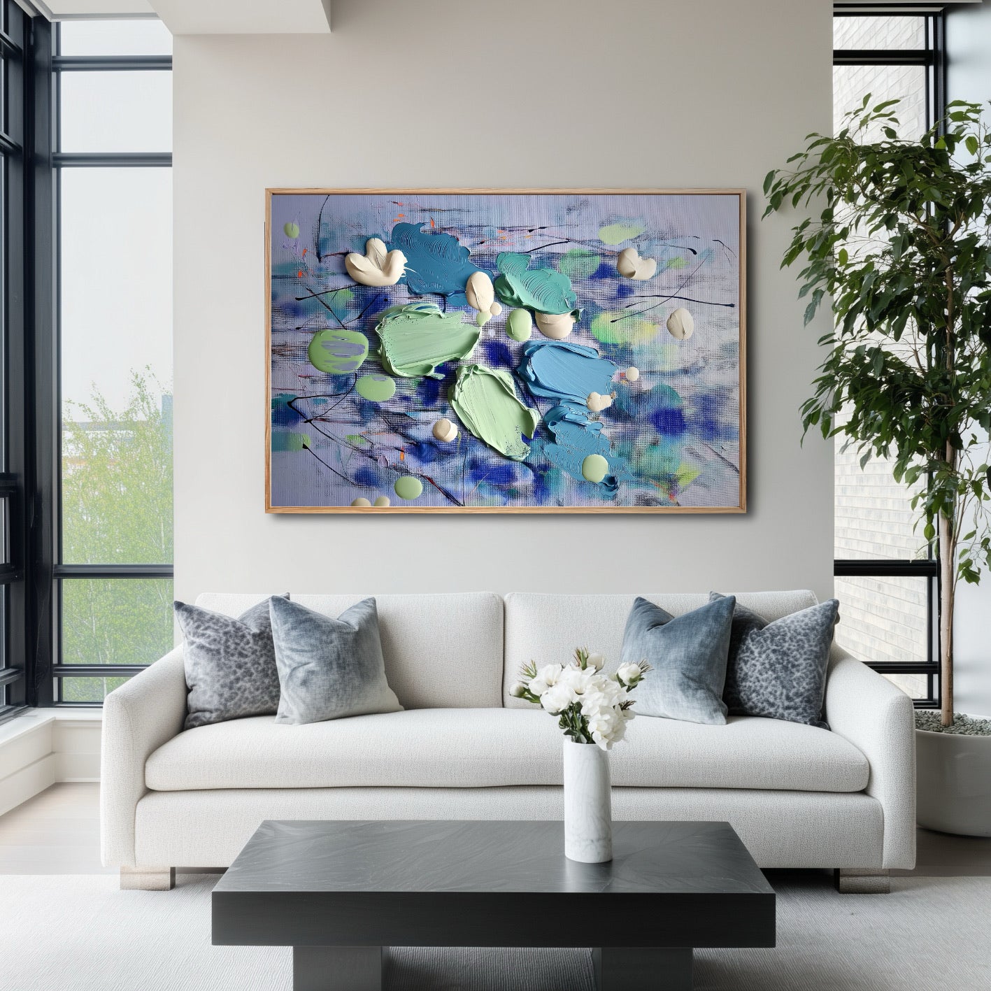 Statement abstract artwork elevates the bright, modern apartment with large windows, adding sophisticated color and depth.