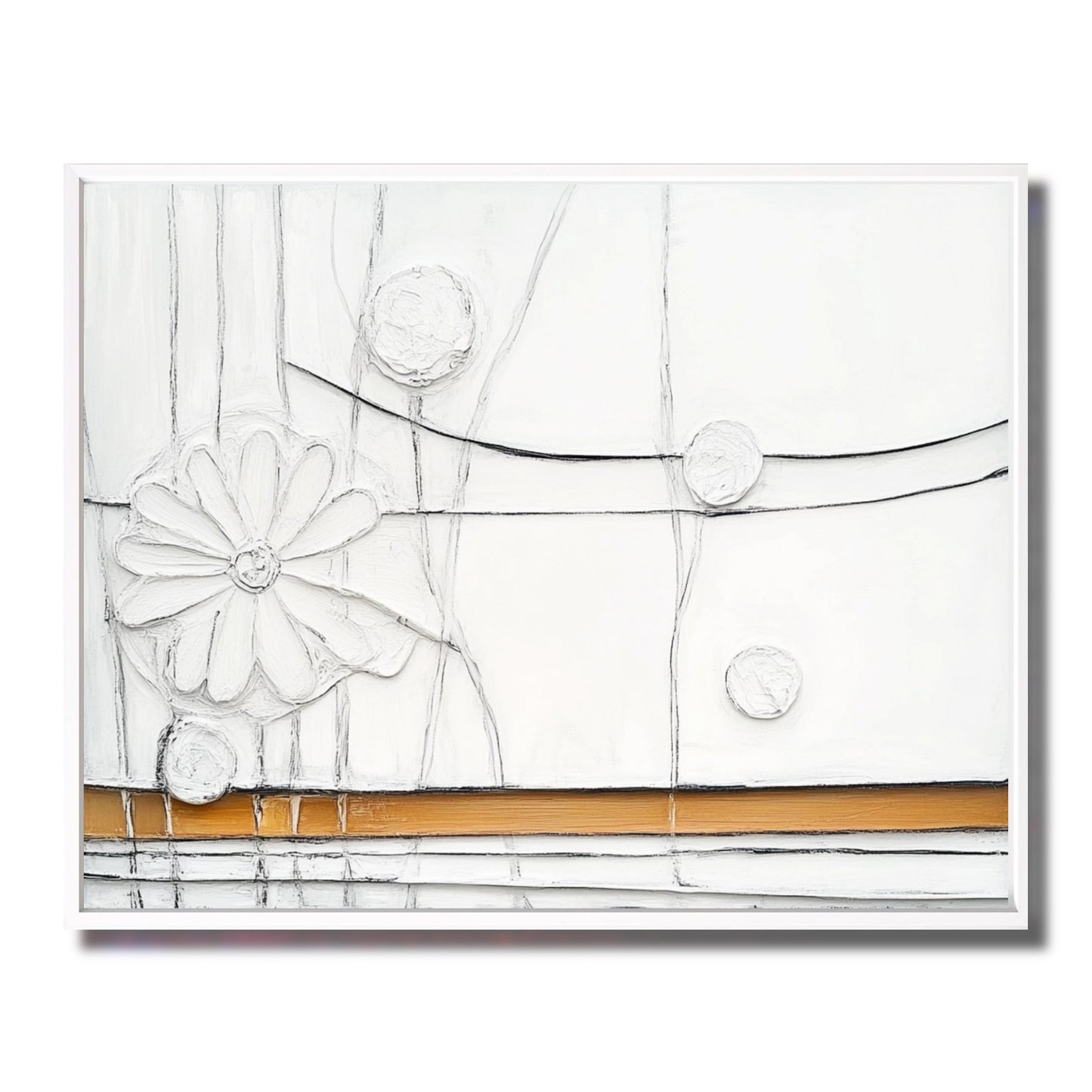 Original textured floral art. White daisy relief with warm gold band and linear details. Neutral-warm palette, modern style.