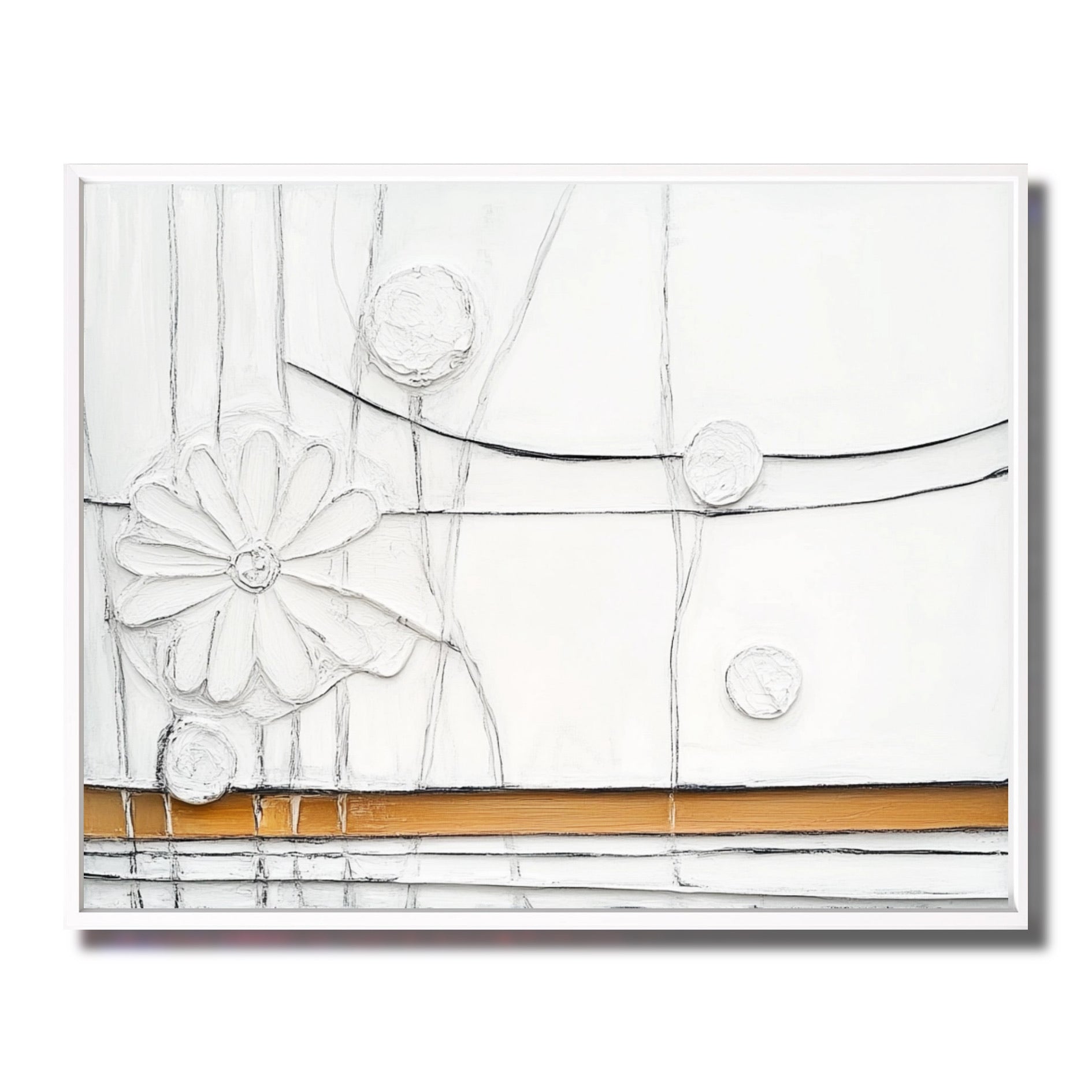 Original textured floral art. White daisy relief with warm gold band and linear details. Neutral-warm palette, modern style.