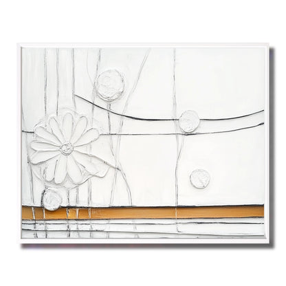 Original textured floral art. White daisy relief with warm gold band and linear details. Neutral-warm palette, modern style.