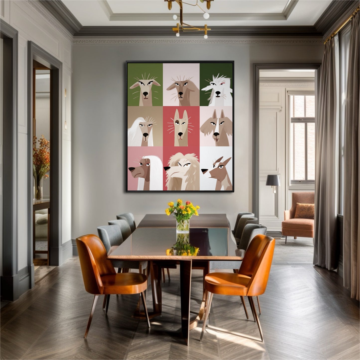 Bold pop art dog grid over a dining table, introducing lively color to the gray and dark wood tones of the formal room.