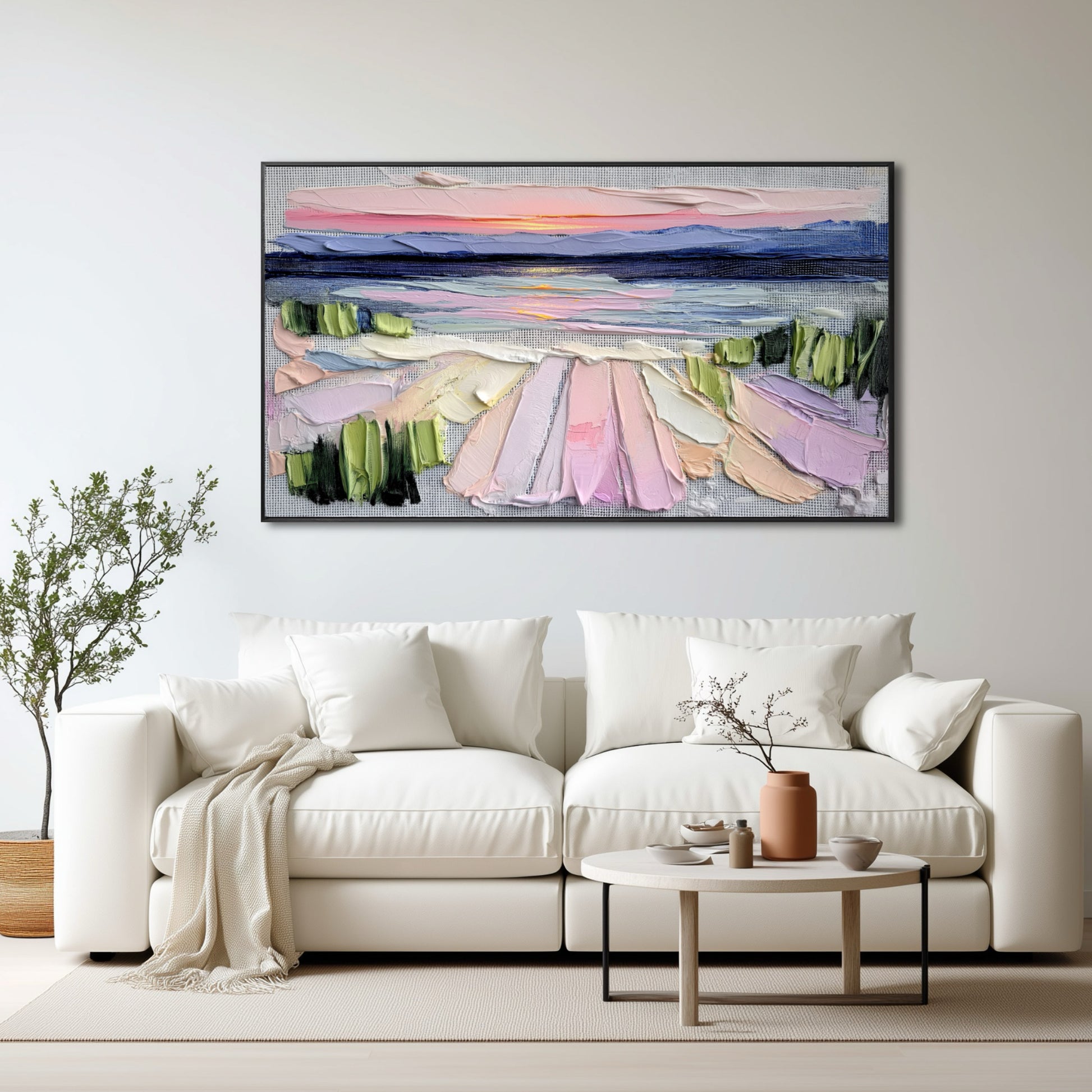 Original vibrant abstract sunset painting serving as a luxurious focal point above a cream sofa and plush velvet chairs in an elegant, modern room.
