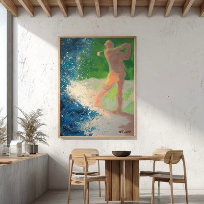 Original abstract golf painting in an industrial dining room. Dynamic blue splatter art adds energy to the raw concrete space.