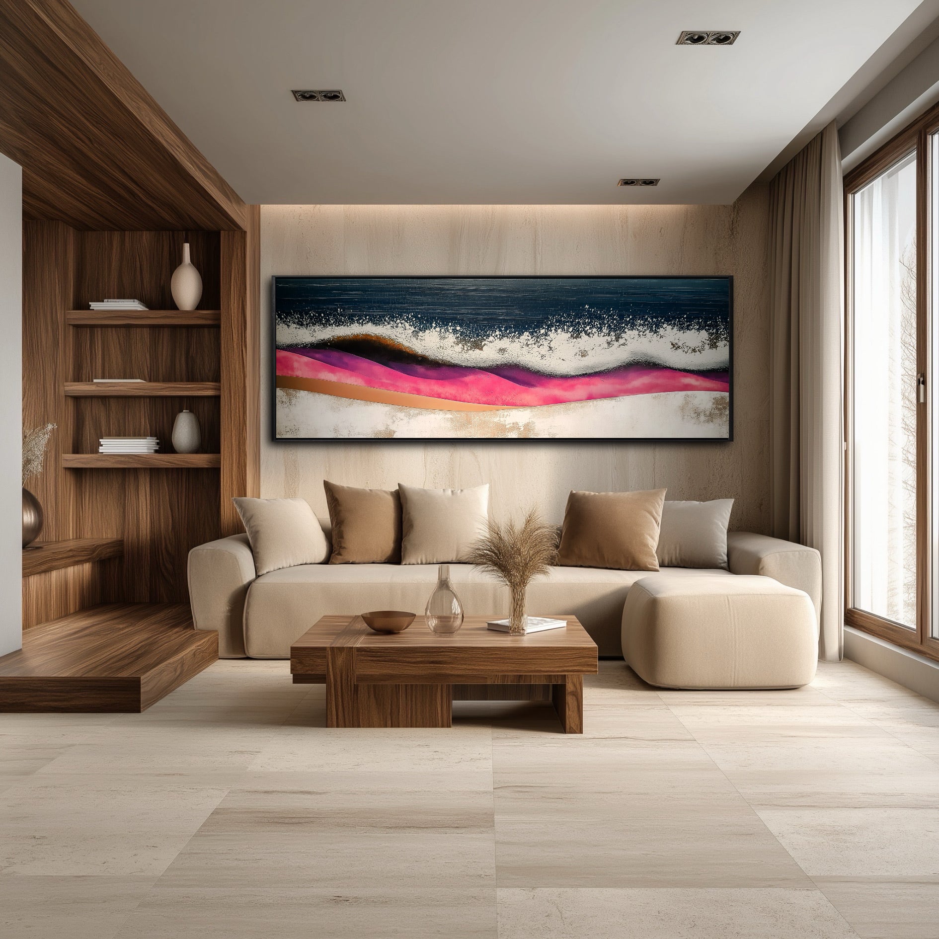 An original abstract blue and pink painting hangs in a cozy, modern living room with extensive wood shelving and a beige sofa.