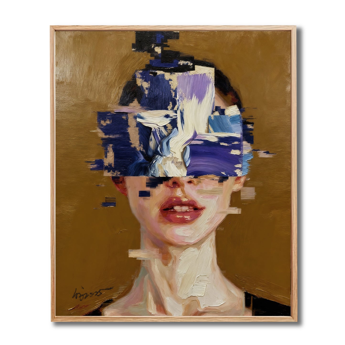 Original framed oil painting of a woman's face. Her eyes are covered by a blue and purple abstract glitch art-style design.