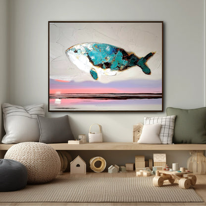 A large, whimsical whale painting hangs above a wooden play bench with toys in a bright, Scandinavian-style children's room.
