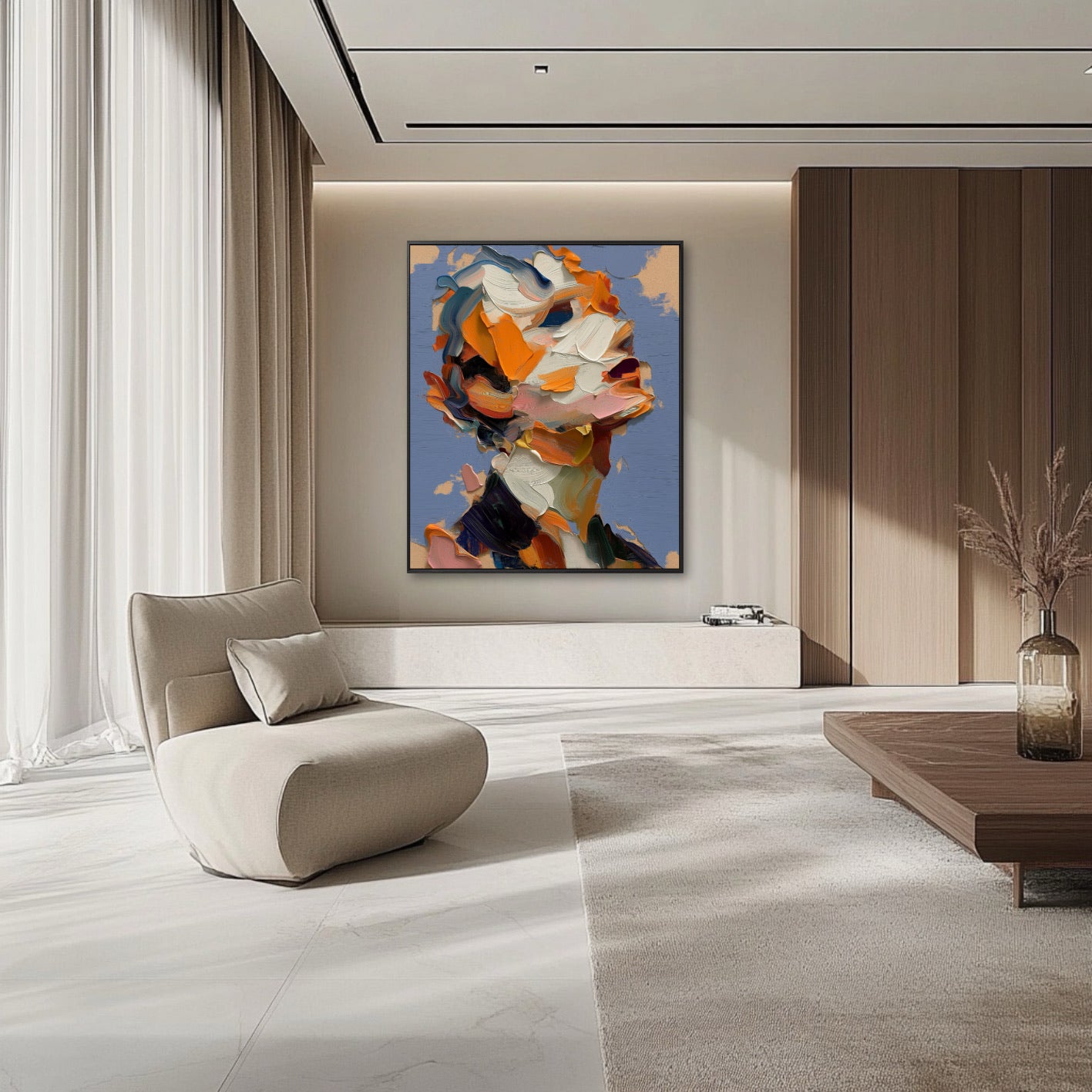 Modern living room with a colorful abstract painting on the wall, a beige armchair, and a wooden coffee table.