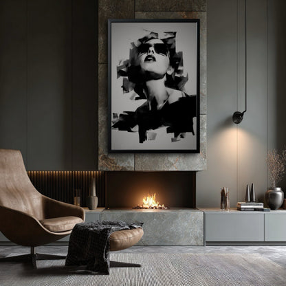 Large framed portrait of a woman hanging above a modern fireplace in a dark, sophisticated living room with a leather chair.