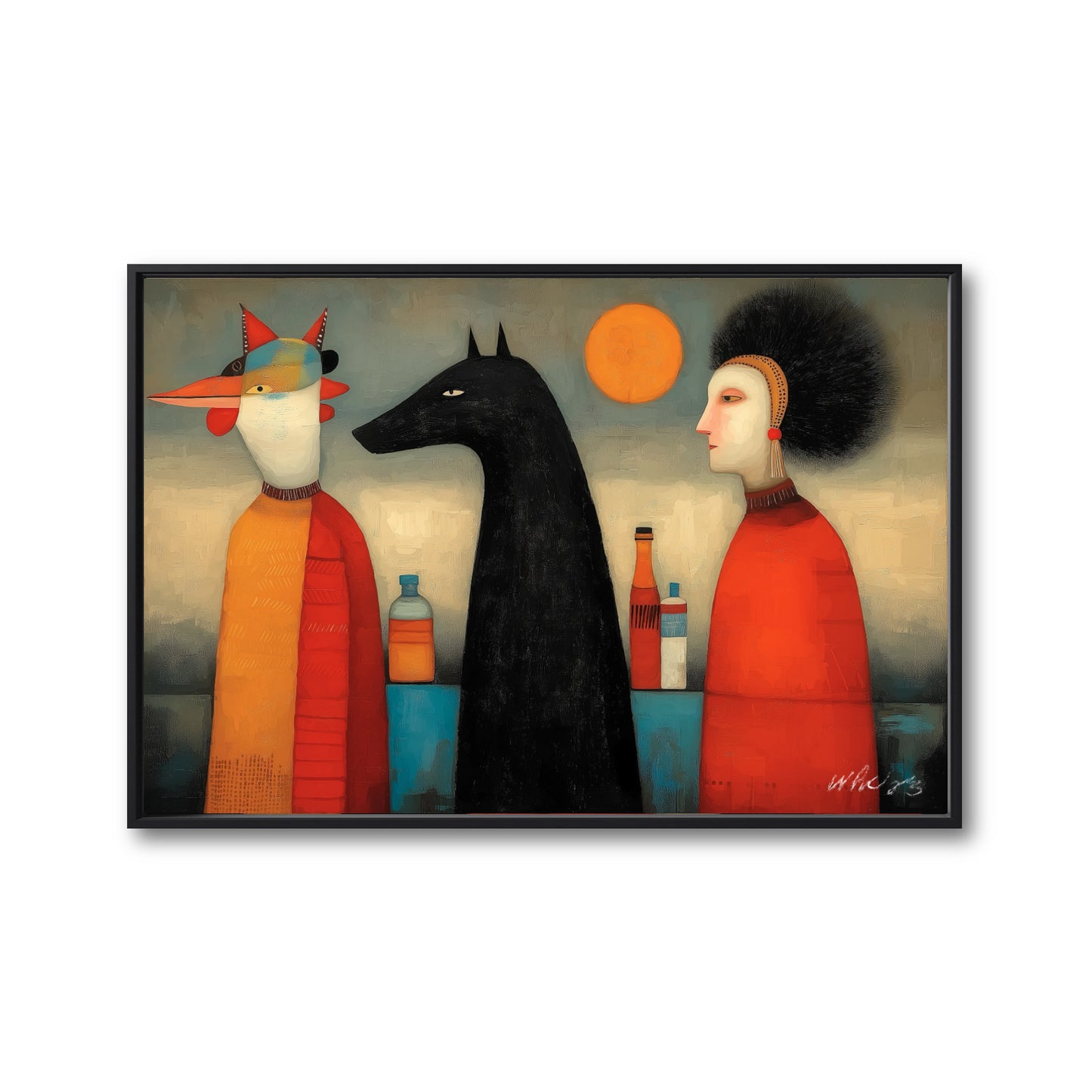 Original hand-painted surrealist art of three folk figures in red and black robes with a warm, stoic atmosphere.
