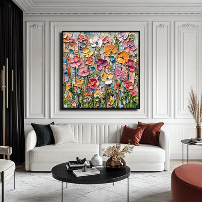 Colorful abstract flower painting adds essential warmth and energy above a sleek white sofa and simple black furniture in a crisp, contemporary space.