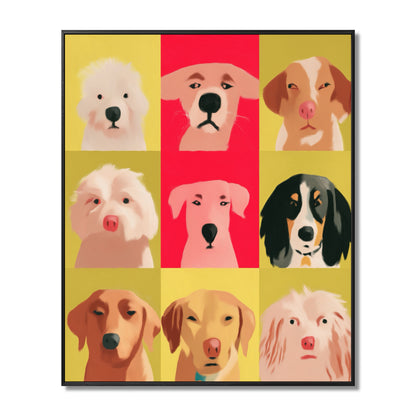 Original pop art dog painting: vibrant yellow, red, pink, and brown portrait grid. Modern, warm-toned, emotional canvas art.