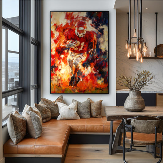 Large football player painting in a modern dining nook with a leather banquette and large windows with a city view.