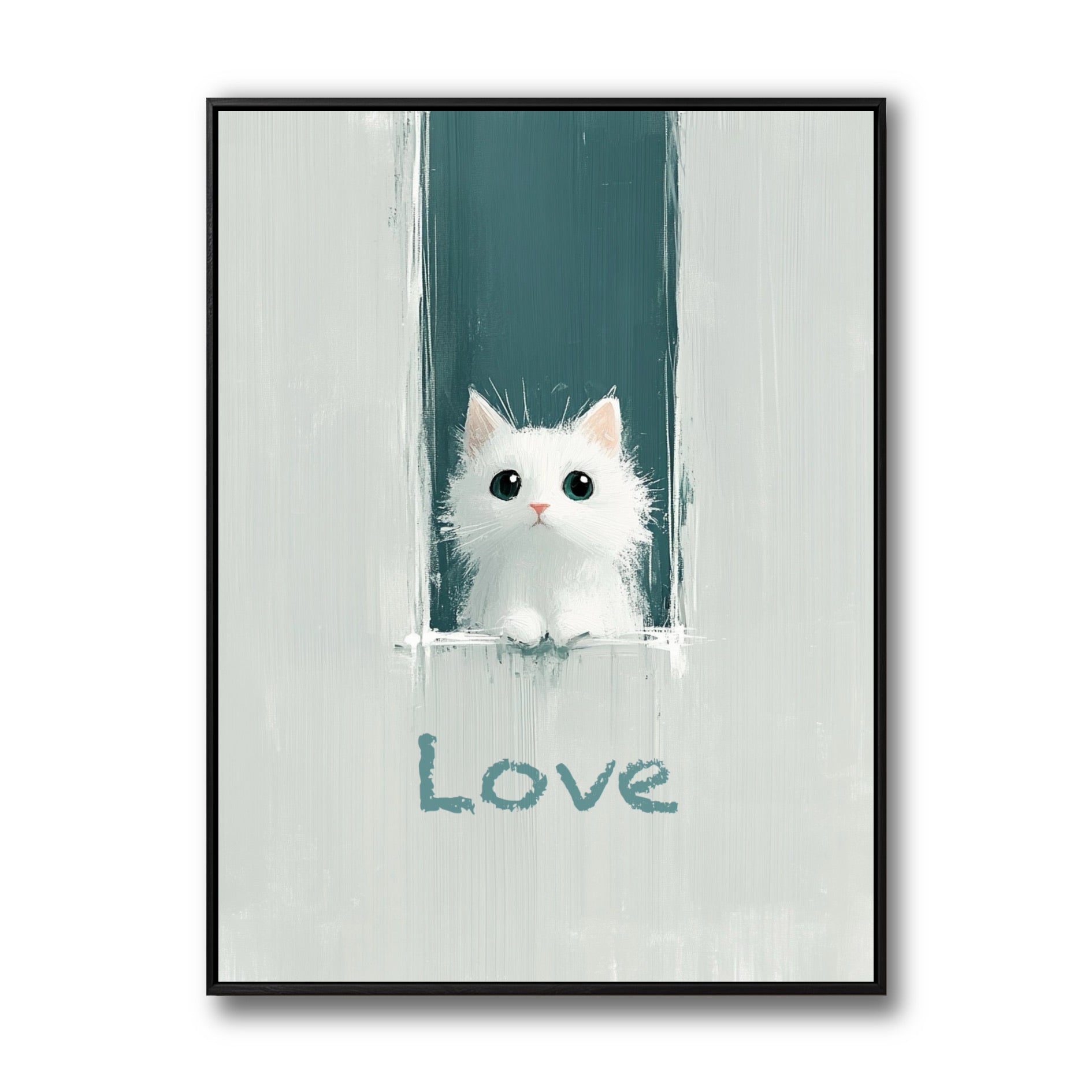 Original minimalist painting of a white kitten with "Love" text. Cool-toned teal and grey create a sweet, modern, and serene vibe.