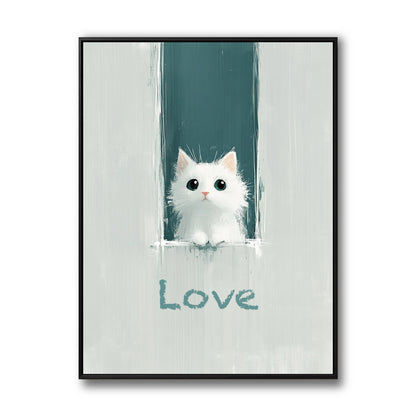 Original minimalist painting of a white kitten with "Love" text. Cool-toned teal and grey create a sweet, modern, and serene vibe.