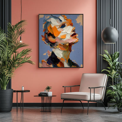 Modern palette knife painting above a brown leather lounge chair on a shaggy rug, ideal for earthy aesthetic homes.