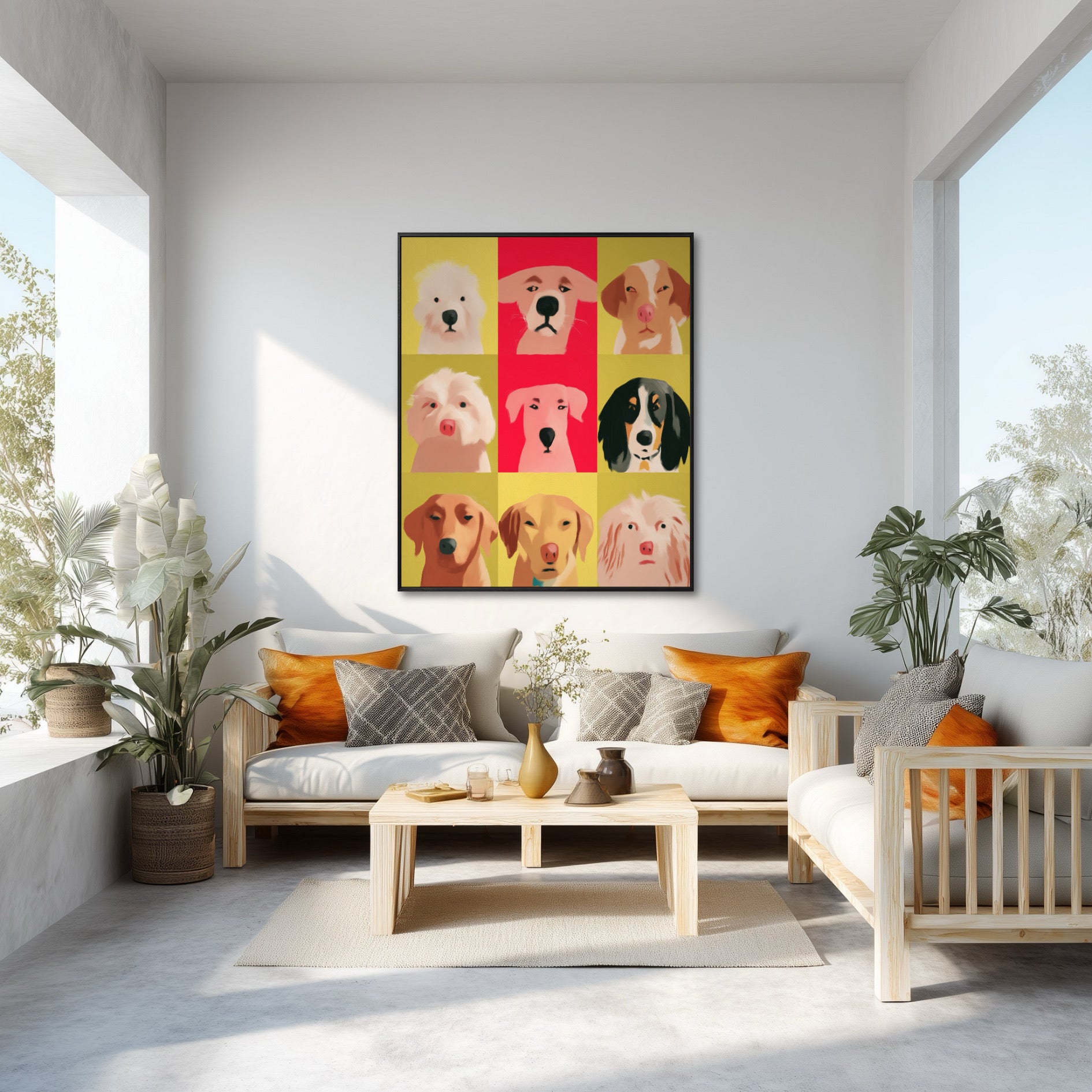 Dog portrait painting in bright, airy sunroom with natural light, wood furniture, and plants. Minimalist design, warm pop of color.
